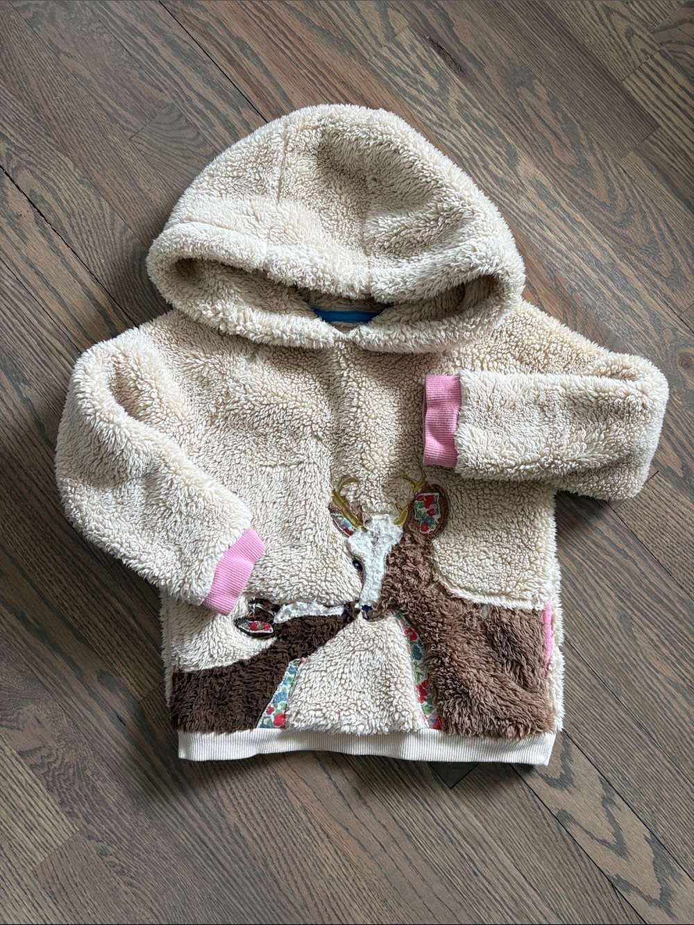 Mini Boden Cream Sherpa Hoodie with Pink Cuff Accents